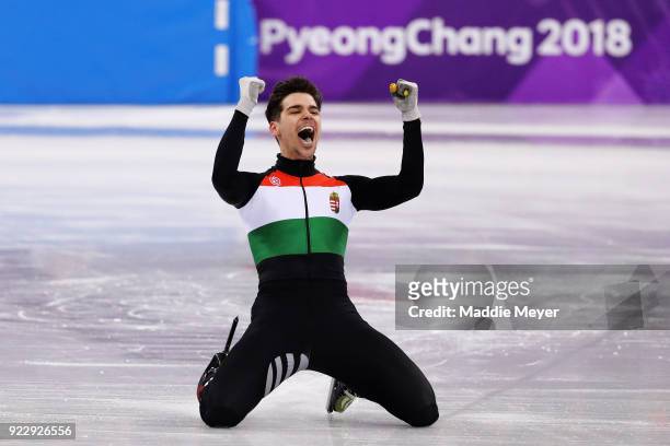 Csaba Burjan of Hungary celebrates after winning the gold medal during the Men's 5,000m Relay Final A on day thirteen of the PyeongChang 2018 Winter...
