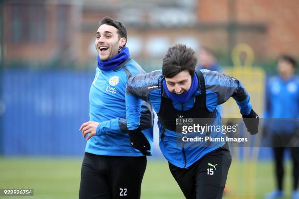Matty James with Harry Maguire during the Leicester City training session at Belvoir Drive Training Complex on February 22nd , 2018 in Leicester,...