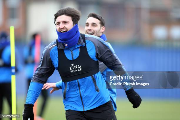 Matty James with Harry Maguire during the Leicester City training session at Belvoir Drive Training Complex on February 22nd , 2018 in Leicester,...