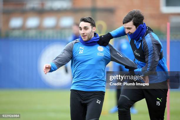 Matty James with Harry Maguire during the Leicester City training session at Belvoir Drive Training Complex on February 22nd , 2018 in Leicester,...