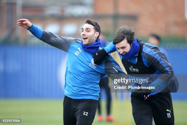 Matty James with Harry Maguire during the Leicester City training session at Belvoir Drive Training Complex on February 22nd , 2018 in Leicester,...