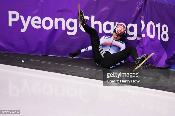 Sukhee Shim of Korea crashes during the Short Track Speed Skating - Ladies' 1,000m Final A on day thirteen of the PyeongChang 2018 Winter Olympic...