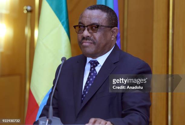 Prime Minister of Ethiopia Hailemariam Desalegn speaks during a joint press conference held with The President of Equatorial Guinea, Teodoro Obiang...