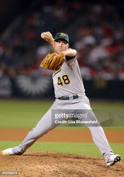 Michael Wuertz of the Oakland Athletics pitches against the Los Angeles Angels of Anaheim at Angel Stadium of Anaheim on September 25, 2009 in...
