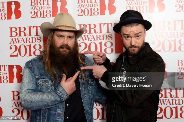 Chris Stapleton and Justin Timberlake backstage at The BRIT Awards 2018 held at The O2 Arena on February 21, 2018 in London, England.