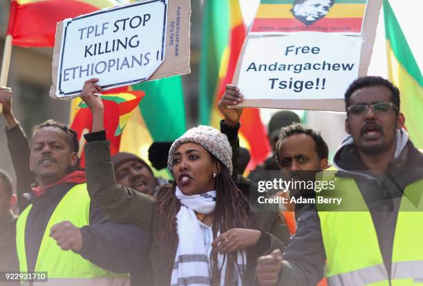 Ethiopians living in Germany demonstrate against the Ethiopian government on February 22, 2018 in Berlin, Germany. The protesters demonstrated in...