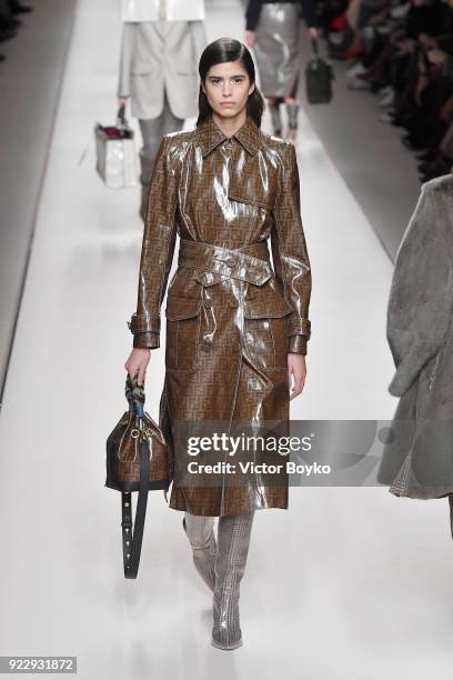 Model walks the runway at the Fendi show during Milan Fashion Week Fall/Winter 2018/19 on February 22, 2018 in Milan, Italy.