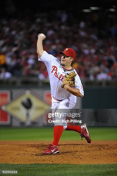 Joe Blanton of the Philadelphia Phillies pitches during game four of the National League Championship Series against the Los Angeles Dodgers at...