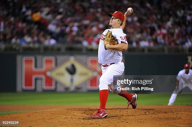 Joe Blanton of the Philadelphia Phillies pitches during game four of the National League Championship Series against the Los Angeles Dodgers at...