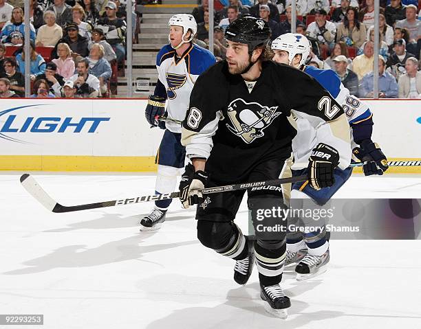 Eric Godard of the Pittsburgh Penguins skates against the St. Louis Blues on October 20, 2009 at Mellon Arena in Pittsburgh, Pennsylvania.