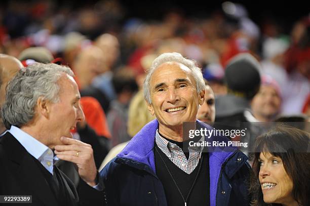 Hall of Famer Sandy Koufax and Frank McCourt , owner of the Los Angeles Dodgers are seen prior to game four of the National League Championship...