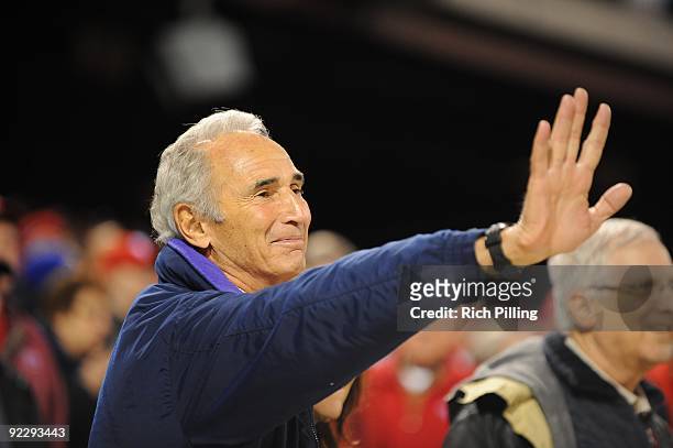 Hall of Famer Sandy Koufax is seen prior to game four of the National League Championship Series between the Philadelphia Phillies and Los Angeles...