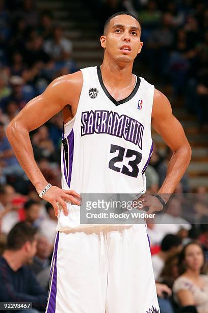 Kevin Martin of the Sacramento Kings looks on during a preseason game against the Golden State Warriors at Arco Arena on October 17, 2009 in...