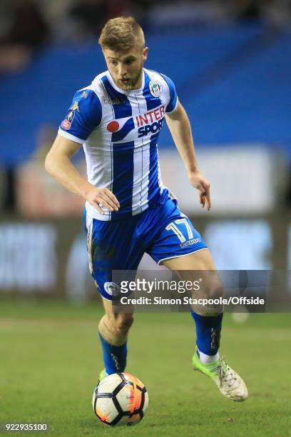 Michael Jacobs of Wigan in action during The Emirates FA Cup Fifth Round match between Wigan Athletic and Manchester City at the DW Stadium on...