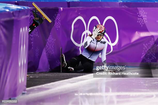 Sukhee Shim of Korea crashes during the Short Track Speed Skating - Ladies' 1,000m Final A on day thirteen of the PyeongChang 2018 Winter Olympic...