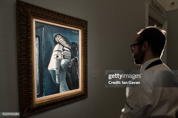 Pablo Picasso's Tete de femme goes on view during the press call before an auction dedicated to Impressionist artworks at Sotheby's on February 22,...