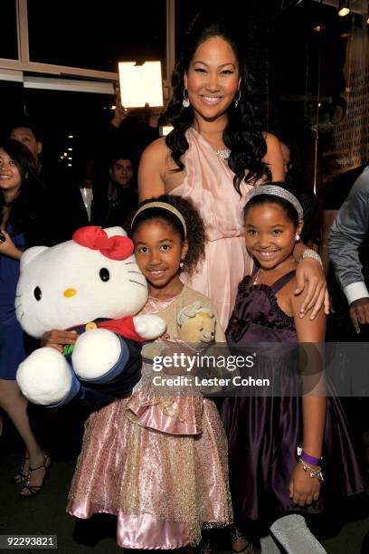 Designer Kimora Lee with daughters Aoki Lee Simmons and Ming Lee Simmons attend the Hello Kitty 35th anniversary celebration held at Royal/T on...