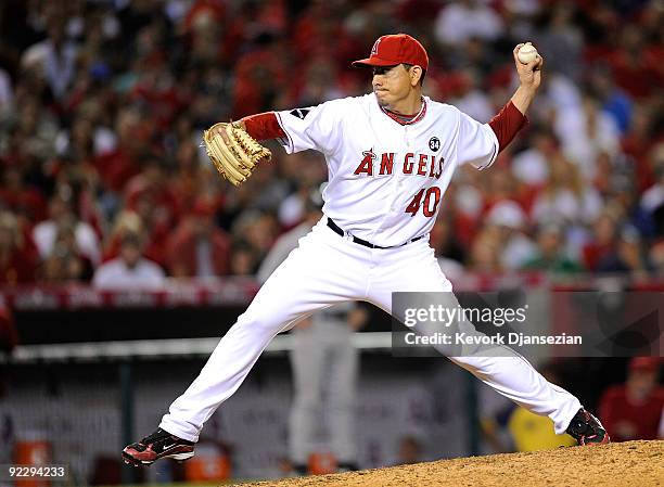 Brian Fuentes of the Los Angeles Angels of Anaheim pitches in the ninth inning against the New York Yankees in Game Five of the ALCS during the 2009...