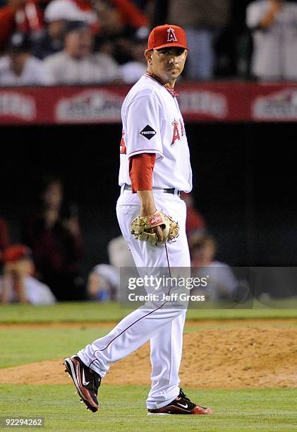 Brian Fuentes of the Los Angeles Angels of Anaheim reacts in the ninth inning against the New York Yankees in Game Five of the ALCS during the 2009...