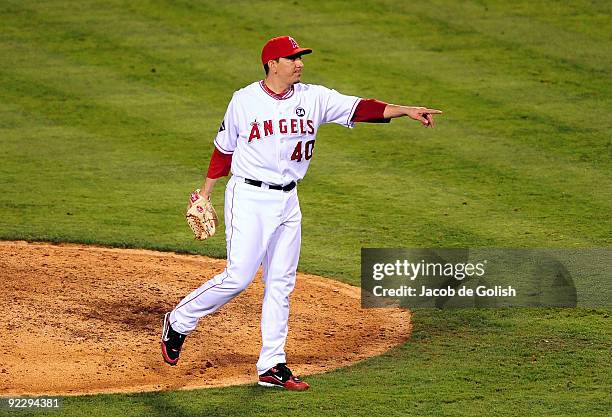 Brian Fuentes of the Los Angeles Angels of Anaheim reacts after defeating the New York Yankees 7-6 in Game Five of the ALCS during the 2009 MLB...