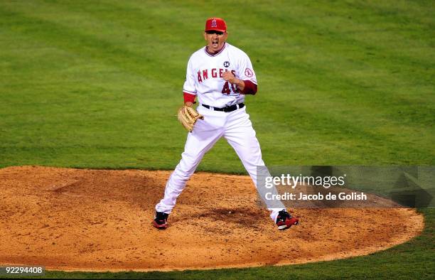 Brian Fuentes of the Los Angeles Angels of Anaheim reacts after defeating the New York Yankees 7-6 in Game Five of the ALCS during the 2009 MLB...