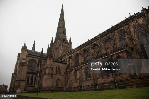 Exterior of Lichfield Cathdral in Lichfield, England, United Kingdom. Lichfield Cathedral is situated in Lichfield, Staffordshire. It is the only...