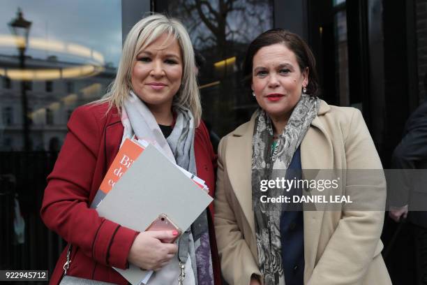 Sinn Féin President Mary Lou McDonald and Sinn Féin Vice-President Michelle O'Neill pose after a press conference in central London, on February 22,...