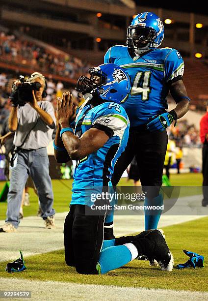 Marcus Maxwell of the Florida Tuskers celebrates after scoring a touchdown during the game against the California Redwoods at the Florida Citrus Bowl...