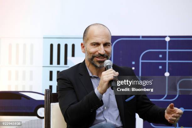 Dara Kowsrowshahi, chief executive officer of Uber Technologies Inc., speaks during an event in New Delhi, India, on Thursday, Feb. 22, 2018. During...