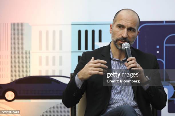 Dara Kowsrowshahi, chief executive officer of Uber Technologies Inc., speaks during an event in New Delhi, India, on Thursday, Feb. 22, 2018. During...