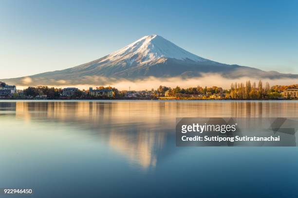 beautiful landscape view of fuji mountain in morning and mist with reflection in kawakuchigo lake, fuji is most travel destination in japan - mt fuji stock pictures, royalty-free photos & images