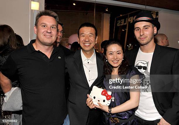 Ivan Arnold of Tokidoki, Sanrio Co., Ltd. Kunihiko Tsuji and his wife and Simone Lego of Tokidoki attend the Hello Kitty 35th anniversary celebration...