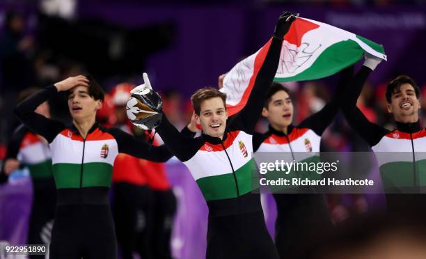 Shaoang Liu, Shaolin Sandor Liu, Viktor Knoch and Csaba Burjan of Hungary celebrate winning the gold medal during the Men's 5,000m Relay Final A on...