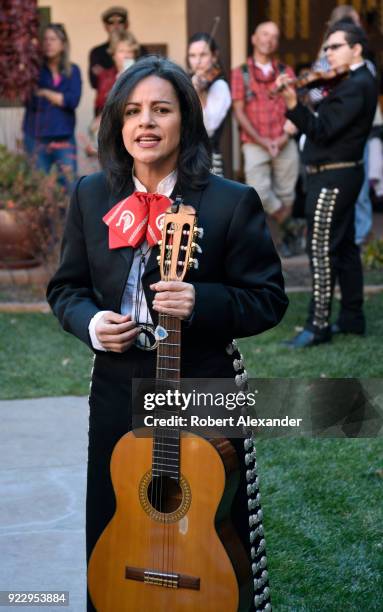 Christina Gomez, a musician and singer with the mariachi band Sonidos del Monte, performs at the New Mexico Museum of Art in Santa Fe, New Mexico.