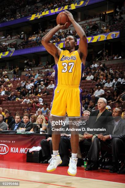 Ron Artest of the Los Angeles Lakers shoots a jumper in a preseason game against the Denver Nuggets on October 22, 2009 at Honda Center in Anaheim,...