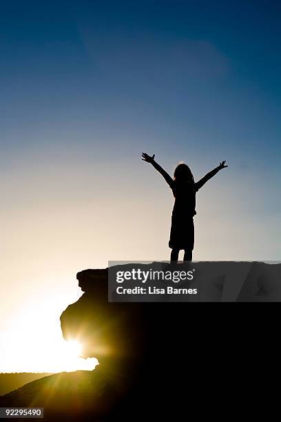 silhouette of child on rock - pittwater stock pictures, royalty-free photos & images