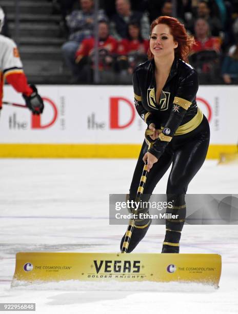 Member of the Knights Crew cleans the ice during the Vegas Golden Knights' game against the Calgary Flames at T-Mobile Arena on February 21, 2018 in...