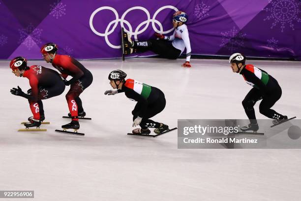 Charle Cournoyer of Canada leads during the Men's 5,000m Relay Final A on day 13 of the PyeongChang 2018 Winter Olympic Games at Gangneung Ice Arena...
