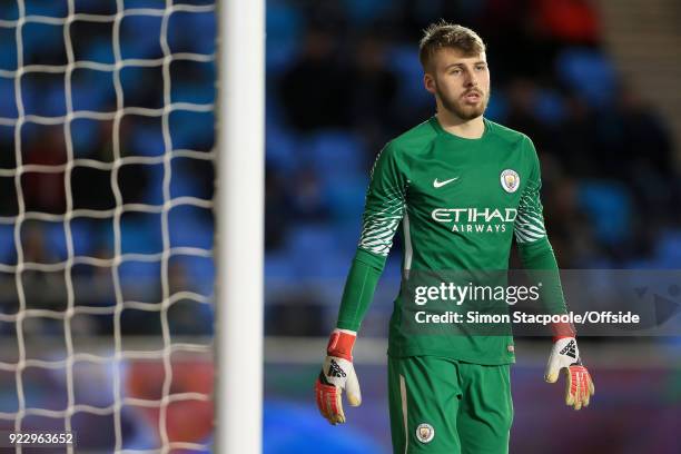 Man City goalkeeper Daniel Grimshaw looks on during the UEFA Youth League Round of 16 match between Manchester City and Inter Milan at Manchester...