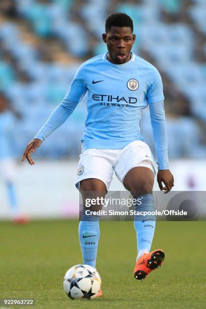 Tom Dele-Bashiru of Man City in action during the UEFA Youth League Round of 16 match between Manchester City and Inter Milan at Manchester City...