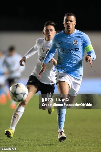 Lukas Nmecha of Man City gets away from Gabriele Zappa of Inter during the UEFA Youth League Round of 16 match between Manchester City and Inter...