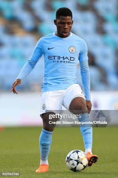 Tom Dele-Bashiru of Man City in action during the UEFA Youth League Round of 16 match between Manchester City and Inter Milan at Manchester City...