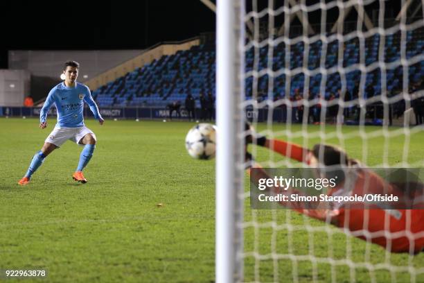 Inter goalkeeper Vladan Dekic saves a penalty from Brahim Diaz of Man City in the shootout during the UEFA Youth League Round of 16 match between...