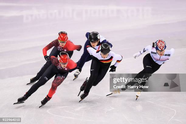 Bianca Walter of Germany, Veronique Pierron of France, Marianne St Gelais of Canada, Alang Kim of Korea and Kim Boutin of Canada compete during the...