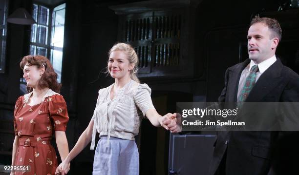 Actors Marin Ireland, Sienna Miller and Jonny Lee Miller attend the opening night of "After Miss Julie" on Broadway at the Roundabout Theatre...