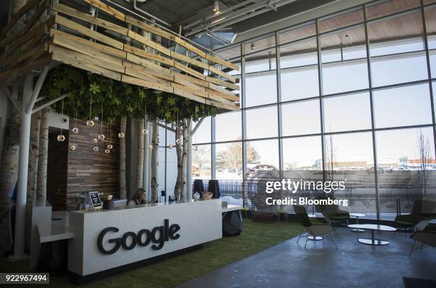 Signage is displayed on a reception desk at the new Google Inc. Campus in Boulder, Colorado, U.S., on Wednesday, Feb. 21, 2018. Google moved it's 800...