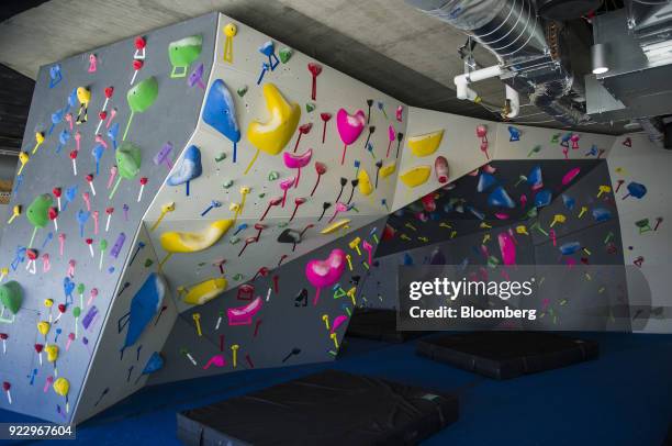 Rock climbing wall stands at the new Google Inc. Campus in Boulder, Colorado, U.S., on Wednesday, Feb. 21, 2018. Google moved it's 800 current...