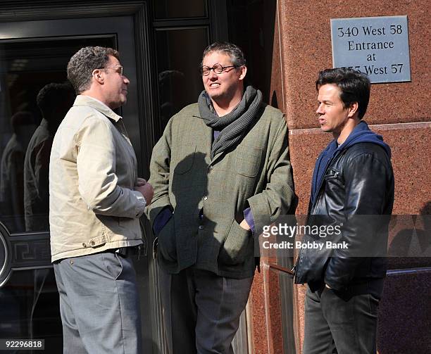 Will Ferrell, director Adam McKay and Mark Wahlberg on location for "The Other Guys" on the streets of Manhattan on October 22, 2009 in New York City.