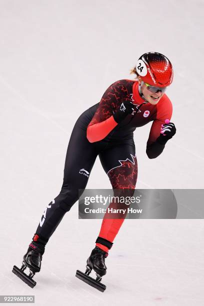 Kim Boutin of Canada celebrates after the race during the Short Track Speed Skating - Ladies' 1000m Semifinal 1 on day thirteen of the PyeongChang...