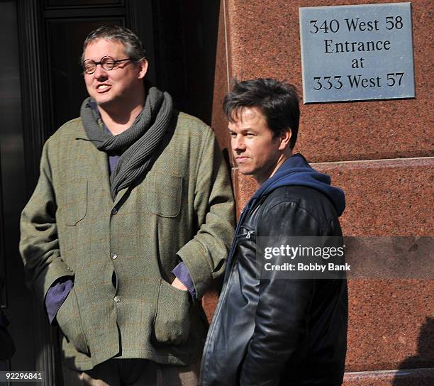 Director Adam McKay and Mark Wahlberg on location for "The Other Guys" on the streets of Manhattan on October 22, 2009 in New York City.